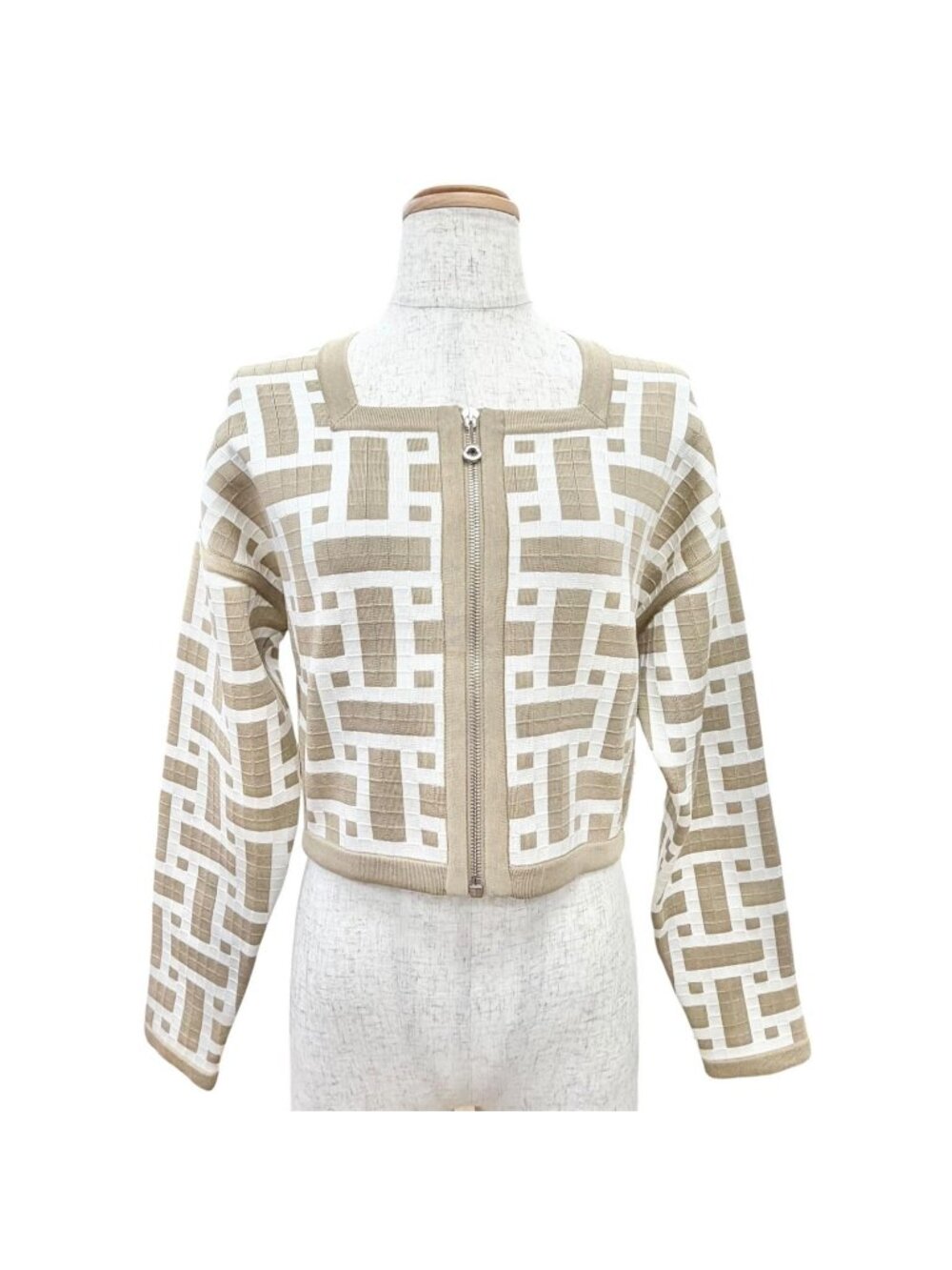 Hermes Silk Cotton Mosaic Zip UP Cropped Knit Jacket Beige 36